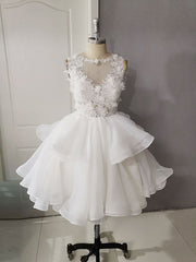 White Round Neck Tulle Lace Short Prom Dresses, Puffy White Lace Homecoming Dresses