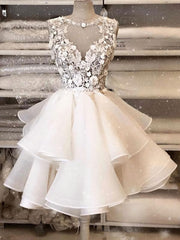 White round neck tulle lace short prom Dresses, white homecoming Dresses