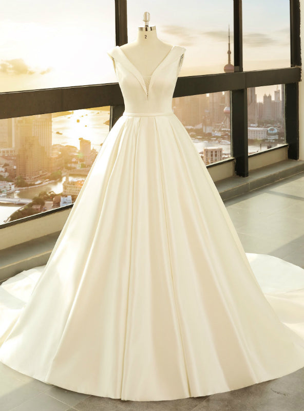 White Satin Ball Gown Deep V-neck Backless Wedding Dress