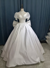 White Satin High Neck Short Sleeve Beading Wedding Dress