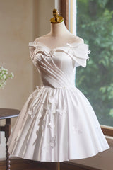 White Satin Knee Length Party Dresses, Off the Shoulder A-Line Evening Dresses