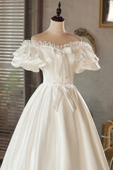 White Satin Lace Off Shoulder Prom Dresses, White Evening Dresses, Wedding Dresses