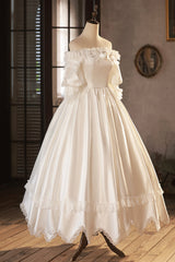 White Satin Lace Prom Dresses, White Evening Dresses, Wedding Dresses