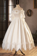 White Satin Lace Prom Dresses, White Evening Dresses, Wedding Dresses