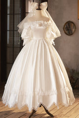 White Satin Lace Prom Dresses, White Evening Dresses, Wedding Dresses