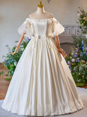 White Satin Lace Puff Sleeve Bow Off the Shoulder Wedding Dress