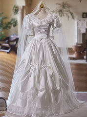 White Satin Lace Puff Sleeve Bow Vintage Wedding Dress