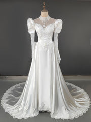 White Satin Long Sleeve Appliques Beading High Neck Wedding Dresses