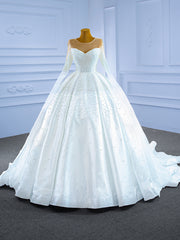 White Satin Long Sleeve Pearls Illusion Neck Wedding Dress