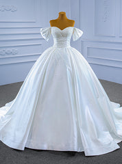 White Satin Off the Shoulder Pearls Beading Wedding Dress