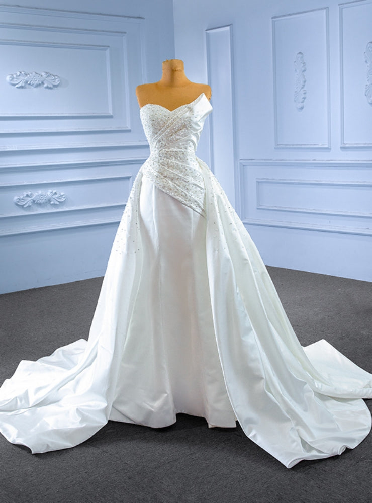 White Satin Off the Shoulder Pearls Wedding Dress