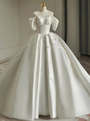 White Satin Off the Shoulder Pleats Beading Wedding Dress