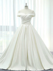 White Satin Off The Shoulder Pleats With Train Wedding Dresses