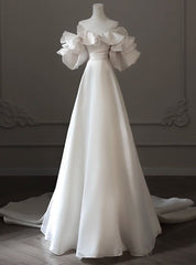 White Satin Off the Shoulder Puff Sleeve Pleats Wedding Dresses