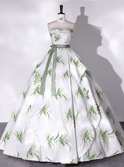 White Satin Print Strapless Quinceanera Dresses