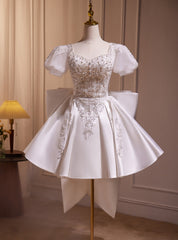 White Satin Puff Sleeve Beading Homecoming Dresses