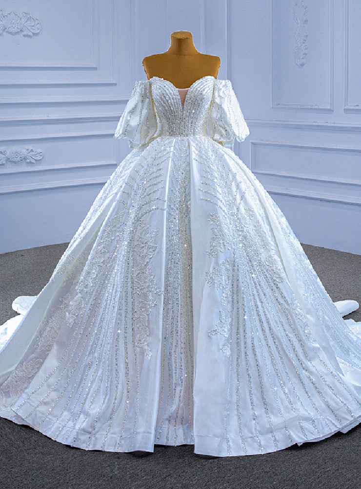 White Satin Puff Sleeve Beading Sequins Wedding Dress