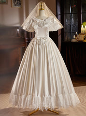 White Satin Puff Sleeve Bow Wedding Dresses