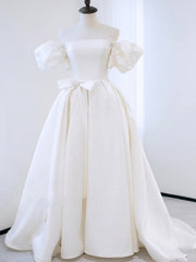 White Satin Puff Sleeve Pearls Wedding Dresses