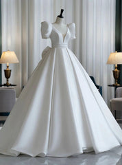 White Satin Puff Sleeve V-neck Bow Wedding Dresses