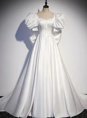 White Satin Puff Sleeve Wedding Dresses With Bow