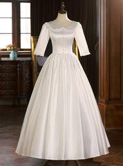 White Satin Short Sleeve Lace Button Wedding Dresses