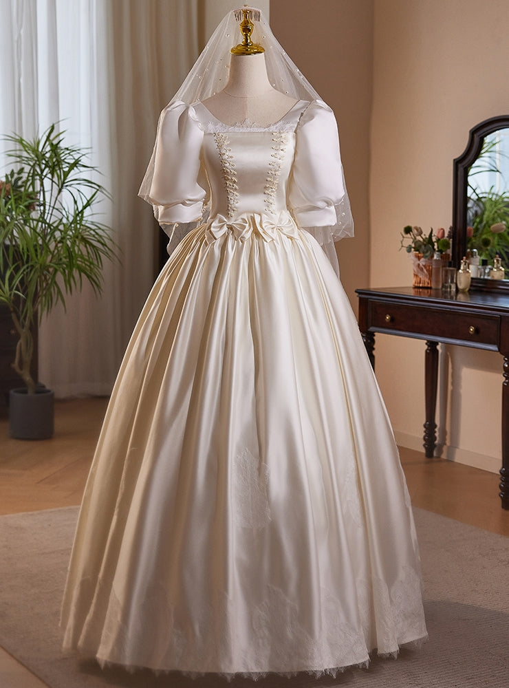 White Satin Short Sleeve Wedding Dress