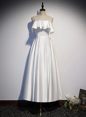 White Satin Spaghetti Straps Pearls Prom Dresses