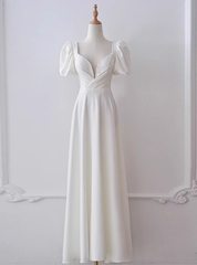 White Satin Square Puff Sleeve Pleats Pearls Wedding Dresses