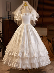 White Satin Square Puff Sleeve Vintage Wedding Dresses