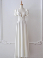 White Satin Square Puff Sleeve Wedding Dresses