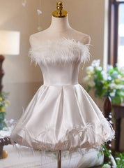 White Satin Strapless Feather Homecoming Dresses