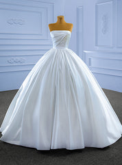 White Satin Strapless Pearls Pleats Wedding Dresses