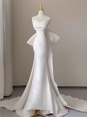 White Satin Strapless Pleats Wedding Dresses With Bow