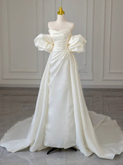 White Satin Strapless Puff Sleeve Pleats Wedding Dresses