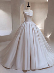 White Satin Strapless Wedding Dresses With Train