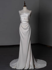 White Satin Straps Beading Wedding Dresses