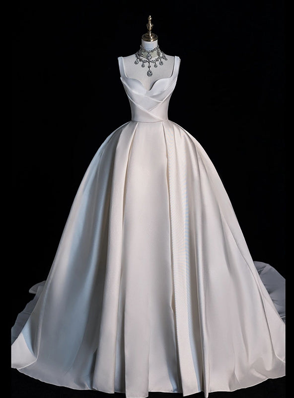 White Satin Straps Pleats Wedding Dress