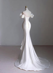 White Satin Sweetheart Beaded Wedding Party Dresses, White Satin High Low Formal Dresses