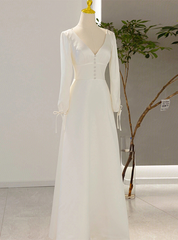 White Satin V-neck Backless Long Sleeve Wedding Dresses