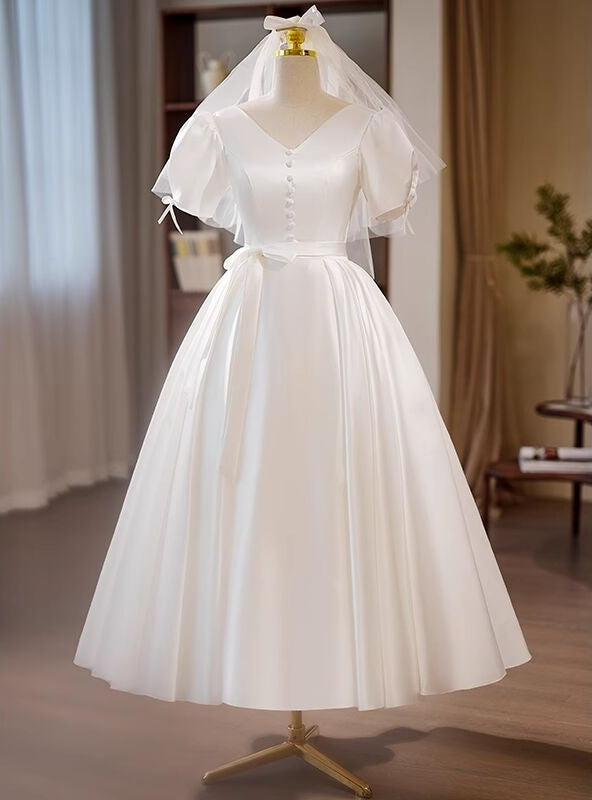 White Satin V-neck Puff Sleeve Button Wedding Dress