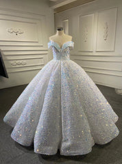 White Sequins Ball Gown Off the Shoulder Prom Dresses