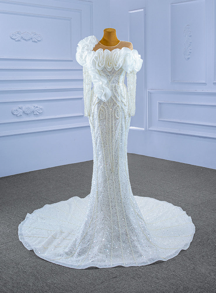 White Sequins Mermaid Pearls Long Sleeve Wedding Dress