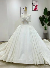 White Sequins Off the Shoulder Pearls Wedding Dress With Train