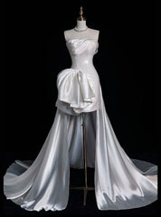 White Sheath Sequins Satin Strapless Wedding Dresses