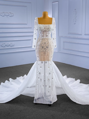 White Sheath Tulle Long Sleeve Beading Wedding Dresses