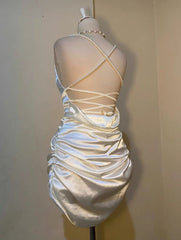 White Short Satin Sheath Birthday Dresses Short Prom Dresses