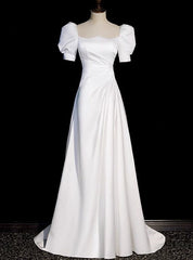 White Short Sleeve Square Neck Pleats Wedding Dresses