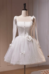 White Spaghetti Strap Short Prom Dresses, White Tulle Party Dresses