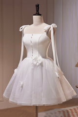 White Spaghetti Strap Short Prom Dresses, White Tulle Party Dresses